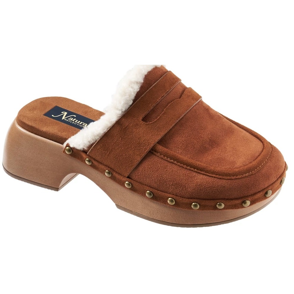 Natural Reflection Sz 10 Jeda Penny Platform Clogs Brown Suede Shearling Mules
